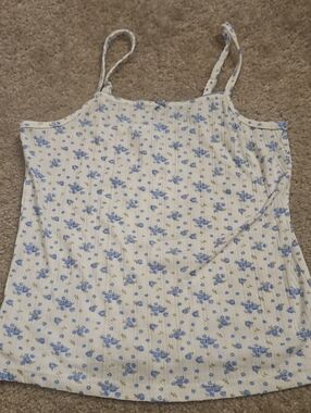 Blue Floral Ribbed Cami Tank Top - White & Blue